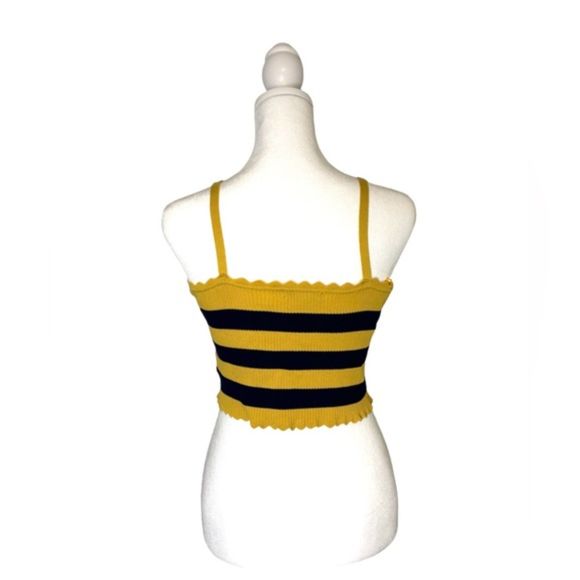 Papermoon Yellow & Navy Blue Scalloped Fitted Striped Crop Top Size Small - Picture 2 of 7